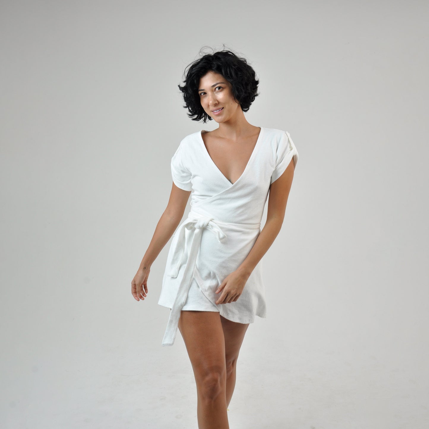 TERRY WRAP DRESS - WHITE